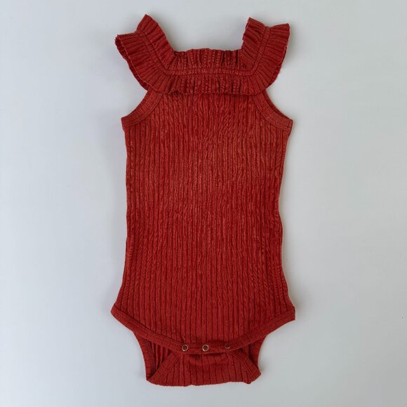 Kate Quinn Ribbed Flutter Bodysuit | Ruffle Neck | Brick Red | 12–18M | NWT - Picture 1 of 7